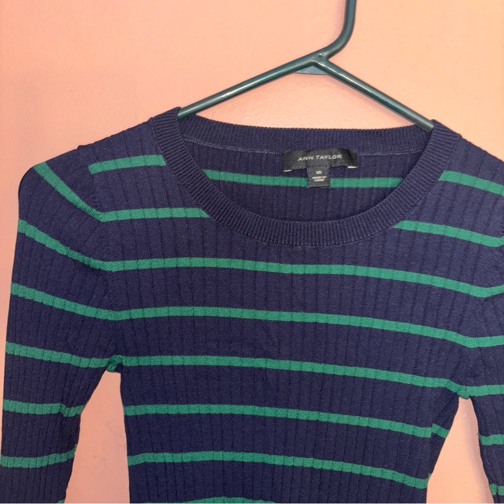 Ann Taylor Navy Blue Green Ribbed Striped Bell Flare Sleeve Sweater Small XS - Picture 4 of 8